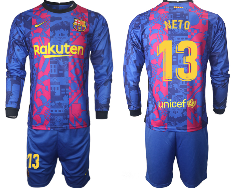 Men 2021-2022 Club Barcelona Second away blue Long Sleeve #13 Soccer Jersey